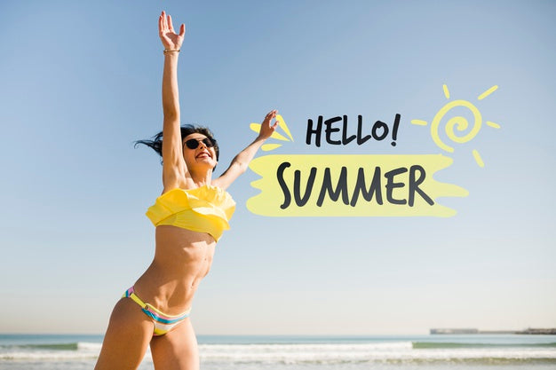 Hello Summer Jumping Girl Mockup Psd