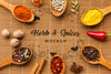 Herbs And Spices Mock-Up Surrounded By Spoons Filled With Foodstuff Psd