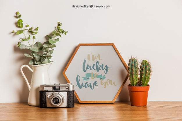 Hexagonal Frame Mockup On Table Psd