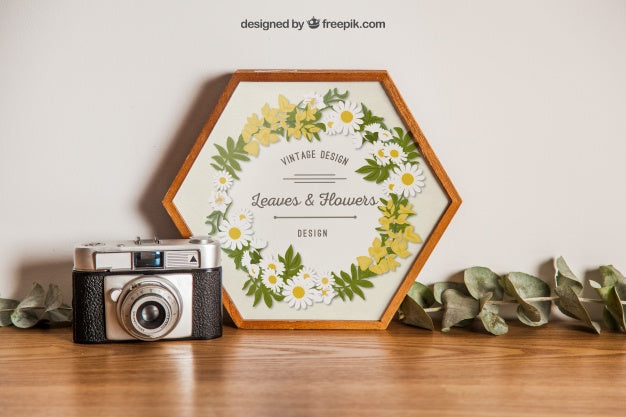 Hexagonal Frame Mockup With Camera Psd