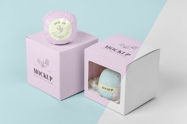 High Angle Bath Bombs In Pink Boxes Psd