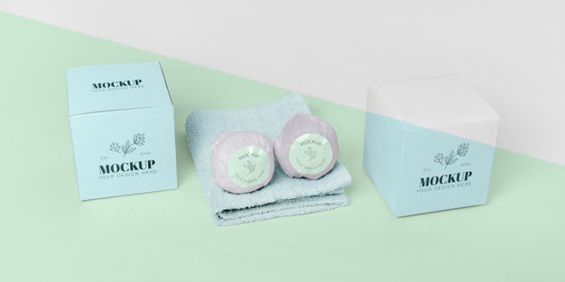 High Angle Bath Bombs, Towel And Boxes Psd