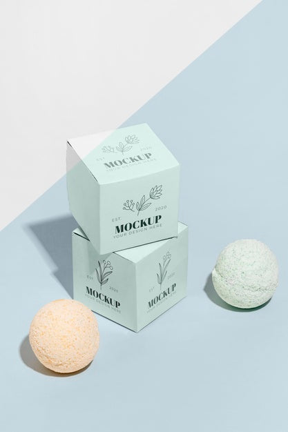 High Angle Blue Boxes And Bath Bombs Psd