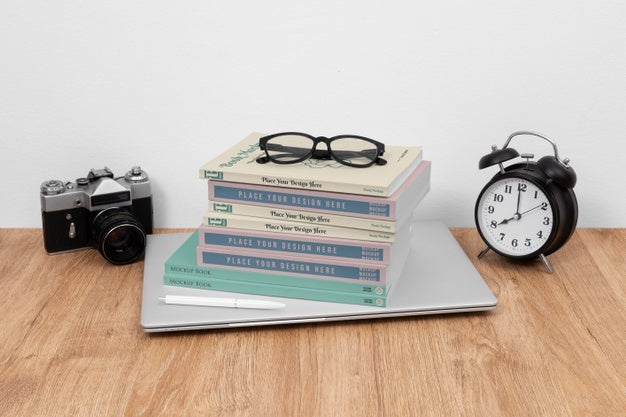 High Angle Books, Camera And Glasses Psd