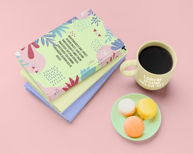 High Angle Books With Macarons And Coffee Psd