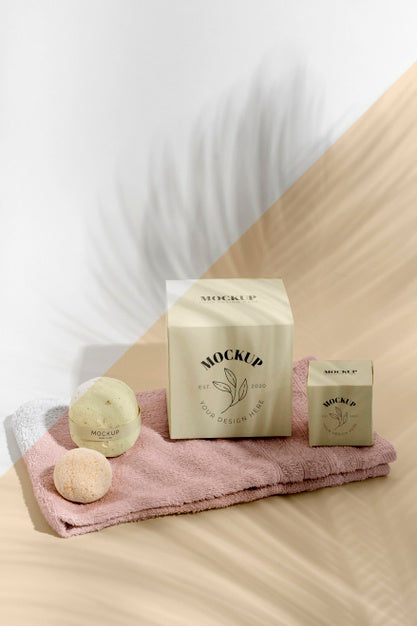 High Angle Boxes, Bath Bombs On Towel Psd