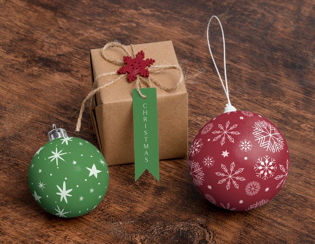 High Angle Christmas Globes And Gift Psd