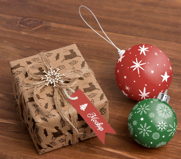 High Angle Christmas Present And Globes Psd