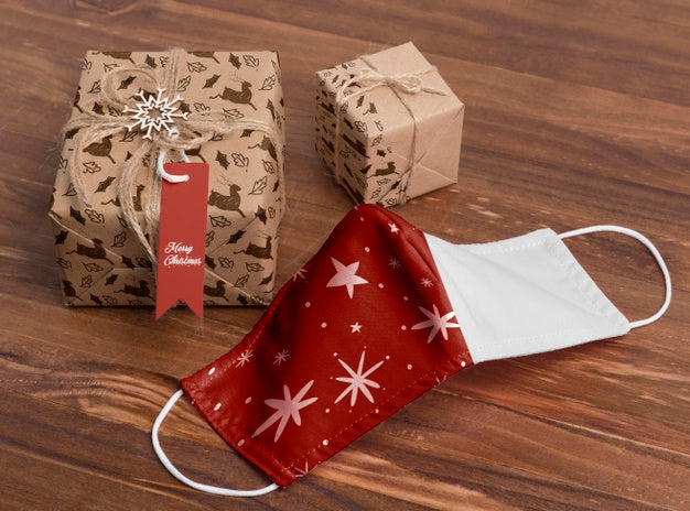 High Angle Christmas Presents And Mask Psd