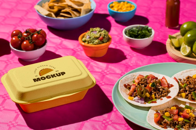 High Angle Delicious Tacos On Plate Mock-Up Psd