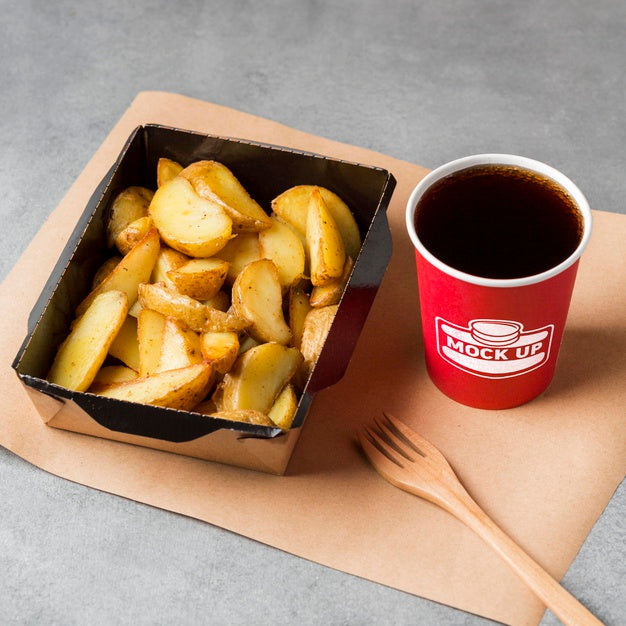 High Angle Fries And Drink Arrangement Psd