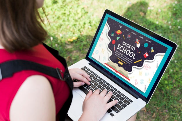 High Angle Girl Using Laptop Outside Mock-Up Psd
