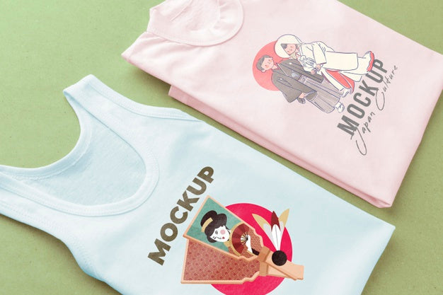 High Angle Japanese T-Shirt Mock-Up Composition Psd