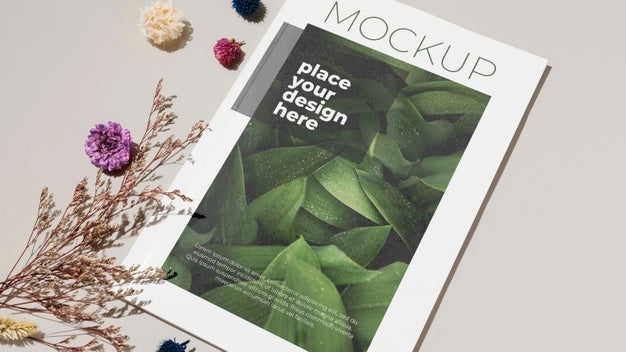 High Angle Magazine And Flowers Psd