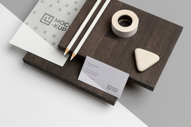 High Angle Mock-Up Stationery On Wood Composition Psd