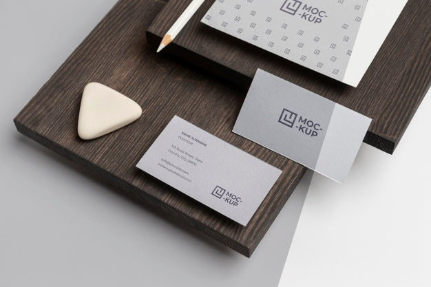High Angle Mock-Up Stationery On Wood Composition Psd