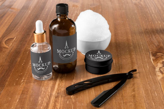 High Angle Of Beard Care Set With Balm And Serum Psd