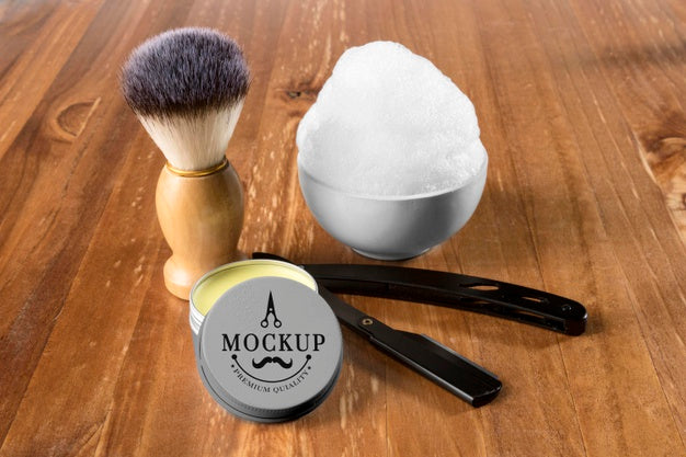 High Angle Of Beard Care Set With Shaving Foam And Brush Psd
