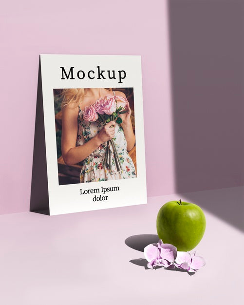 High Angle Of Card With Apple And Flower Psd