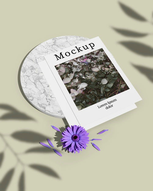 High Angle Of Card With Leaves Shadow And Flower Psd