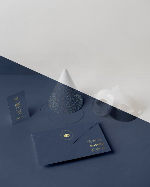 High Angle Of Carnival Invitation In Envelope With Cone And Mask Psd