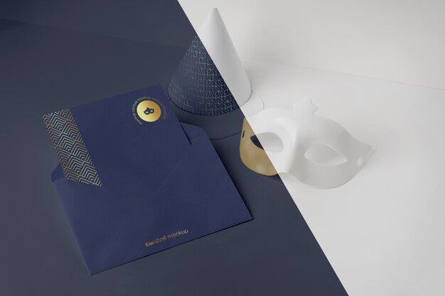 High Angle Of Carnival Invitation In Envelope With Mask And Cone Psd