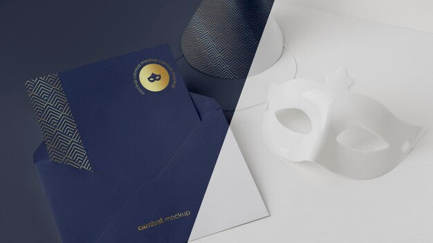 High Angle Of Carnival Invitation In Envelope With Mask And Cone Psd