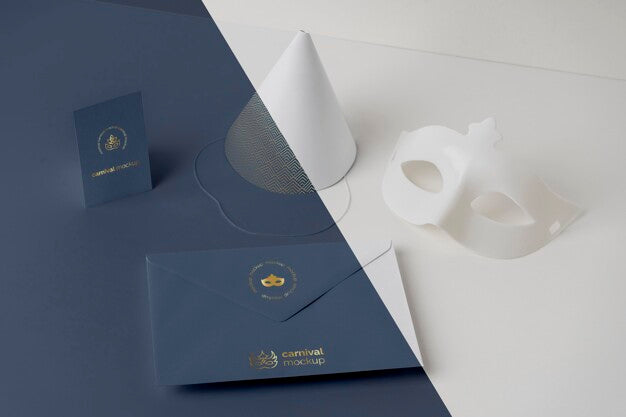 High Angle Of Carnival Invitation In Envelope With Mask And Cone Psd