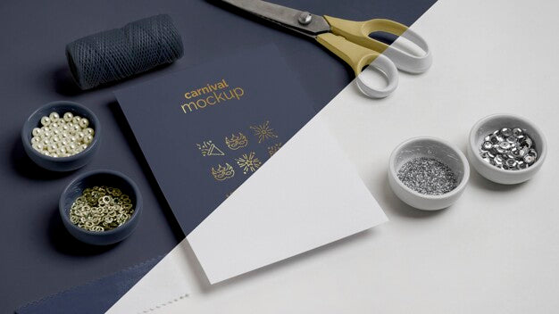 High Angle Of Carnival Invitation With Beads And Scissors Psd