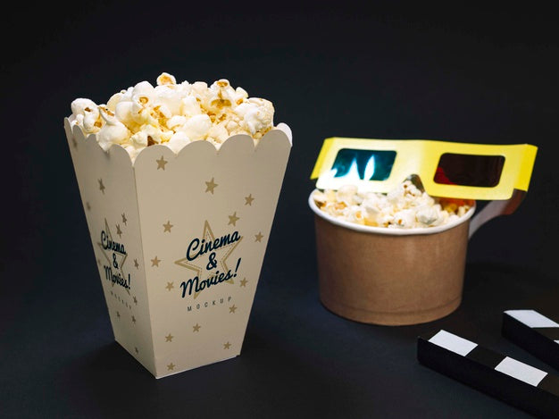 High Angle Of Cinema Glasses With Popcorn And Clapperboard Psd