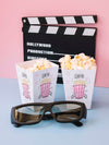 High Angle Of Clapperboard With Cinema Popcorn And Glasses Psd