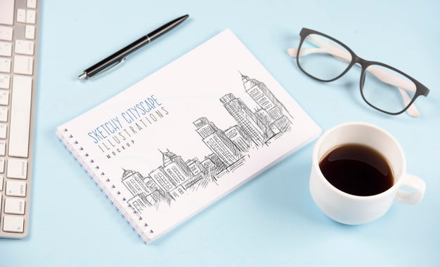 High Angle Of Desk Concept Mock-Up Psd