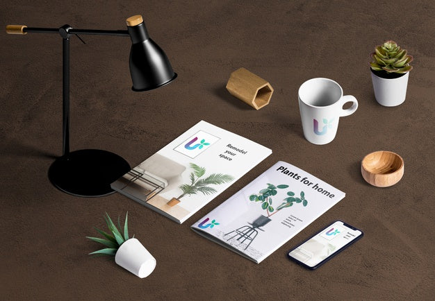 High Angle Of Desk Scene Creator With Plant Elements Psd