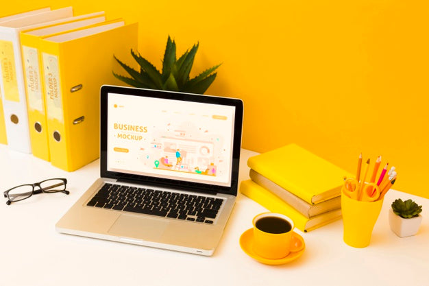 High Angle Of Desk With Coffee And Laptop Psd