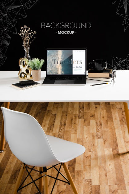 High Angle Of Desk With Laptop And Chair Psd