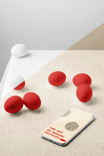 High Angle Of Eggs Mock-Up With Smartphone Psd