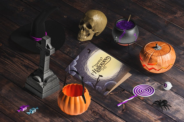 High Angle Of Halloween Scene Creator On Wooden Table Psd