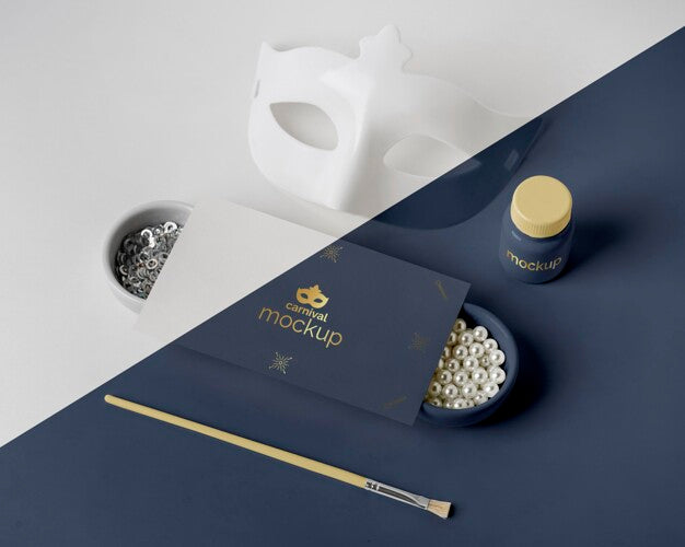 High Angle Of Minimalistic Carnival Invitation With Mask And Assortment Of Beads Psd