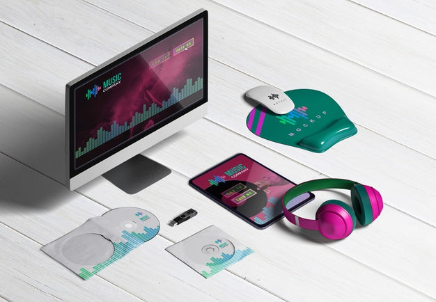 High Angle Of Music Desk With Wooden Table Psd