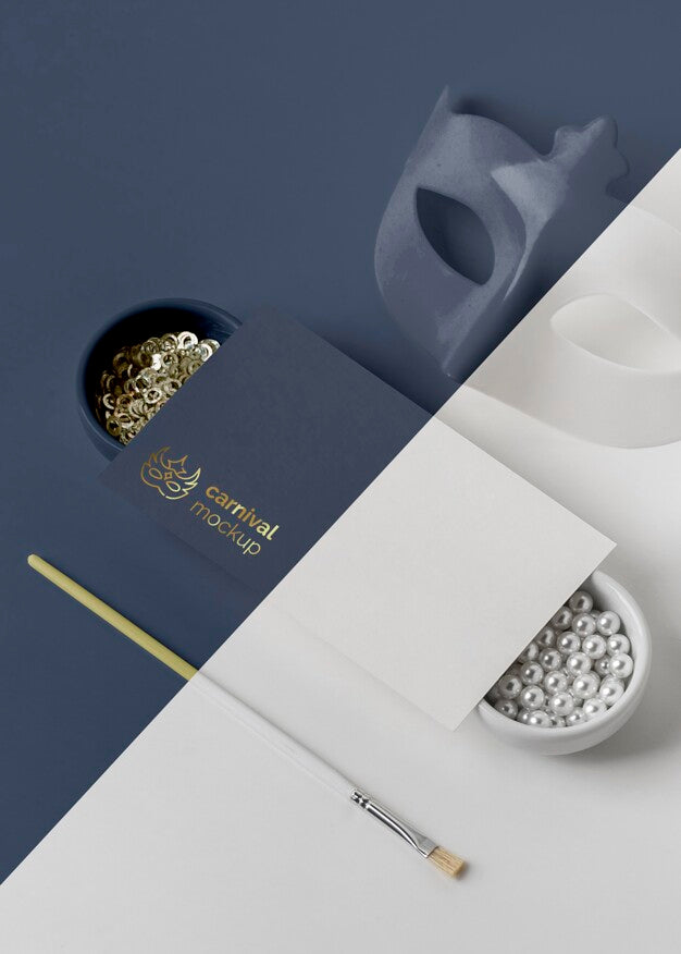 High Angle Of Simplistic Carnival Invitation With Mask And Assortment Of Beads Psd