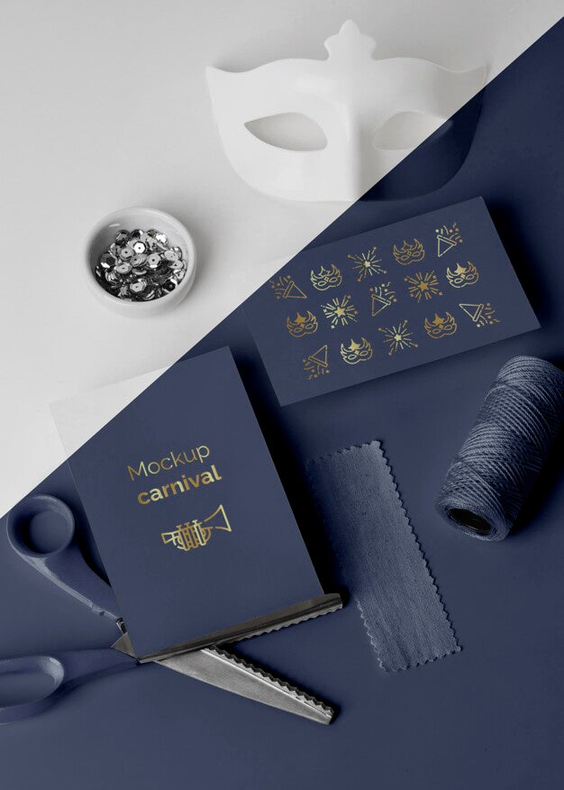 High Angle Of Simplistic Carnival Invitation With Scissors And Beads Psd