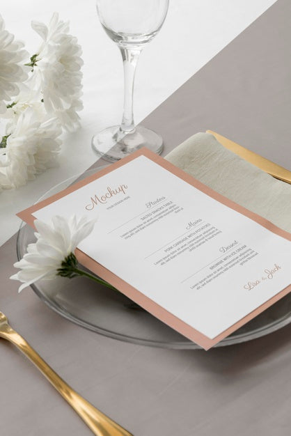 Mock Spring Menu High Angle Of Spring Menu Mock-Up On Plate With Cutlery And Flowers Ps ...