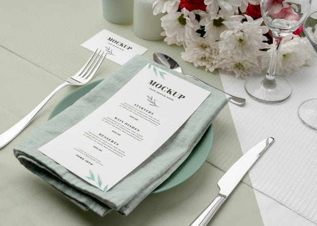 High Angle Of Spring Menu Mock-Up On Plate With Cutlery And Flowers Psd