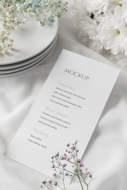 High Angle Of Table Arrangement With Dishes And Spring Menu Mock-Up Psd