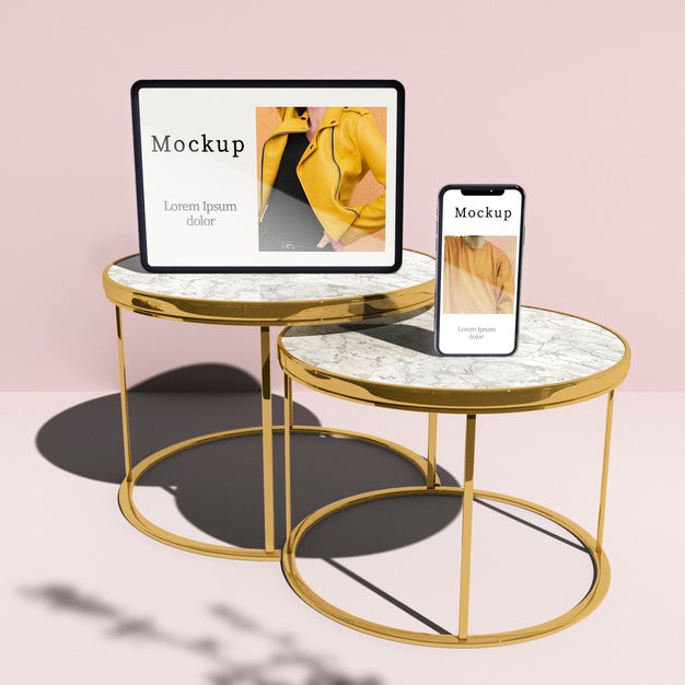 High Angle Of Tablet And Smartphone On Tables With Shadow Psd