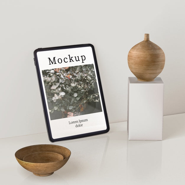 High Angle Of Vase Display And Wooden Bowls Psd