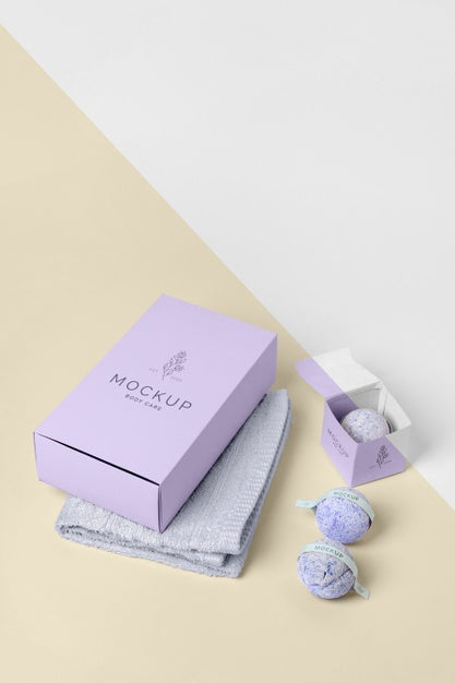 High Angle Purple Box, Bath Bombs And Towel Psd