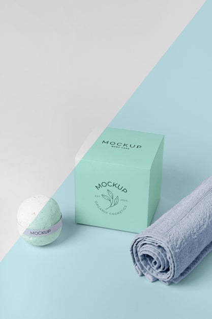 High Angle Towel, Box And Bath Bomb Psd
