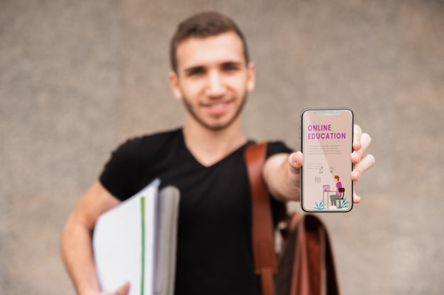High Angle University Man Holding Mobile Psd