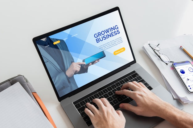 High View Desk Concept With Laptop Psd